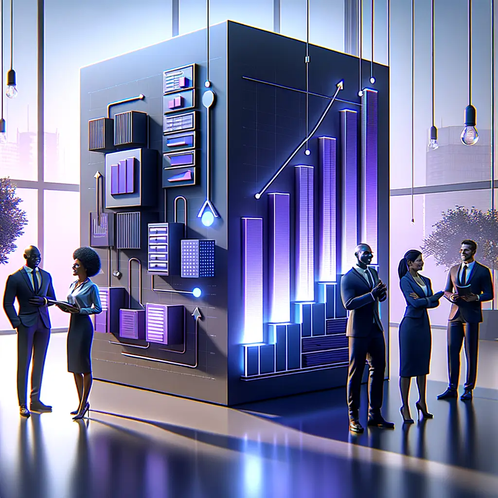 Equipe celebrando diante de um gráfico 3D iluminado em roxo e azul mostrando crescimento e expansão modular, ilustrando os ganhos de eficiência e escalabilidade da automação modular em startups.