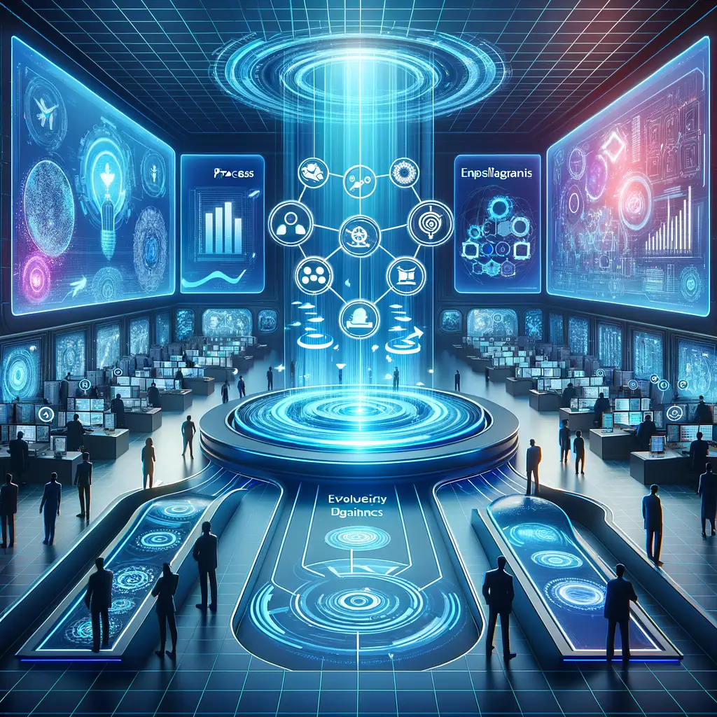 Ambiente corporativo futurista mostrando a evolução de processos automatizados de gargalos para eficiência escalável, integrando inteligência artificial e capacitação humana.