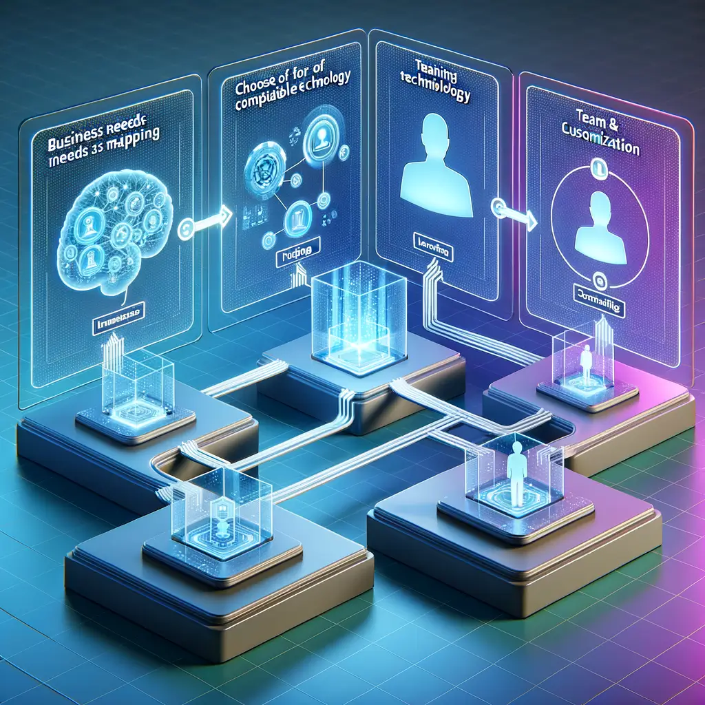 Fluxo esquemático da integração de agentes inteligentes no ambiente empresarial, detalhando etapas de diagnóstico, seleção tecnológica, capacitação e personalização com conexão fluida entre processos humanos e tecnológicos.